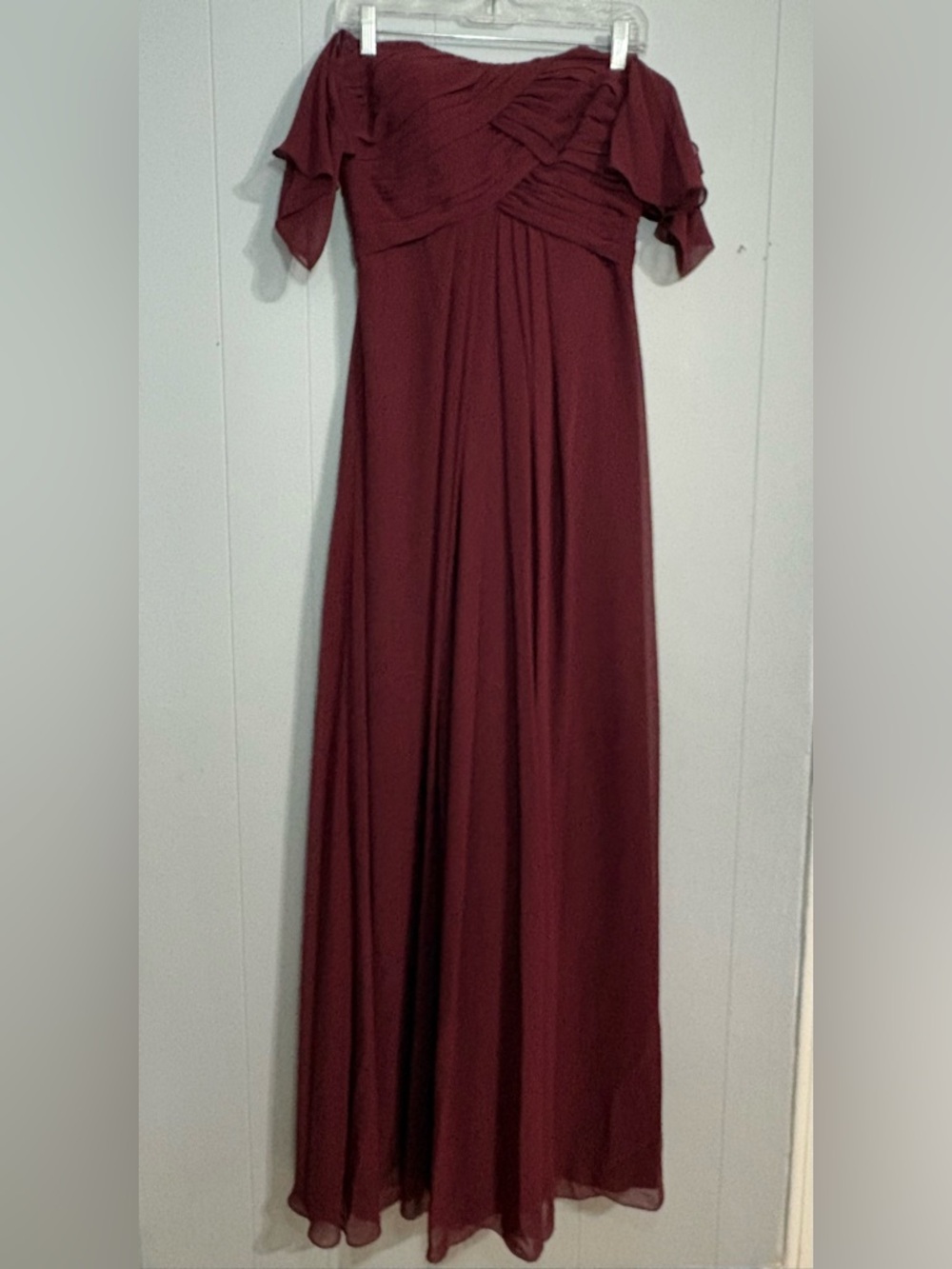 Mori Lee Wine Off-Shoulder Chiffon Maxi Dress